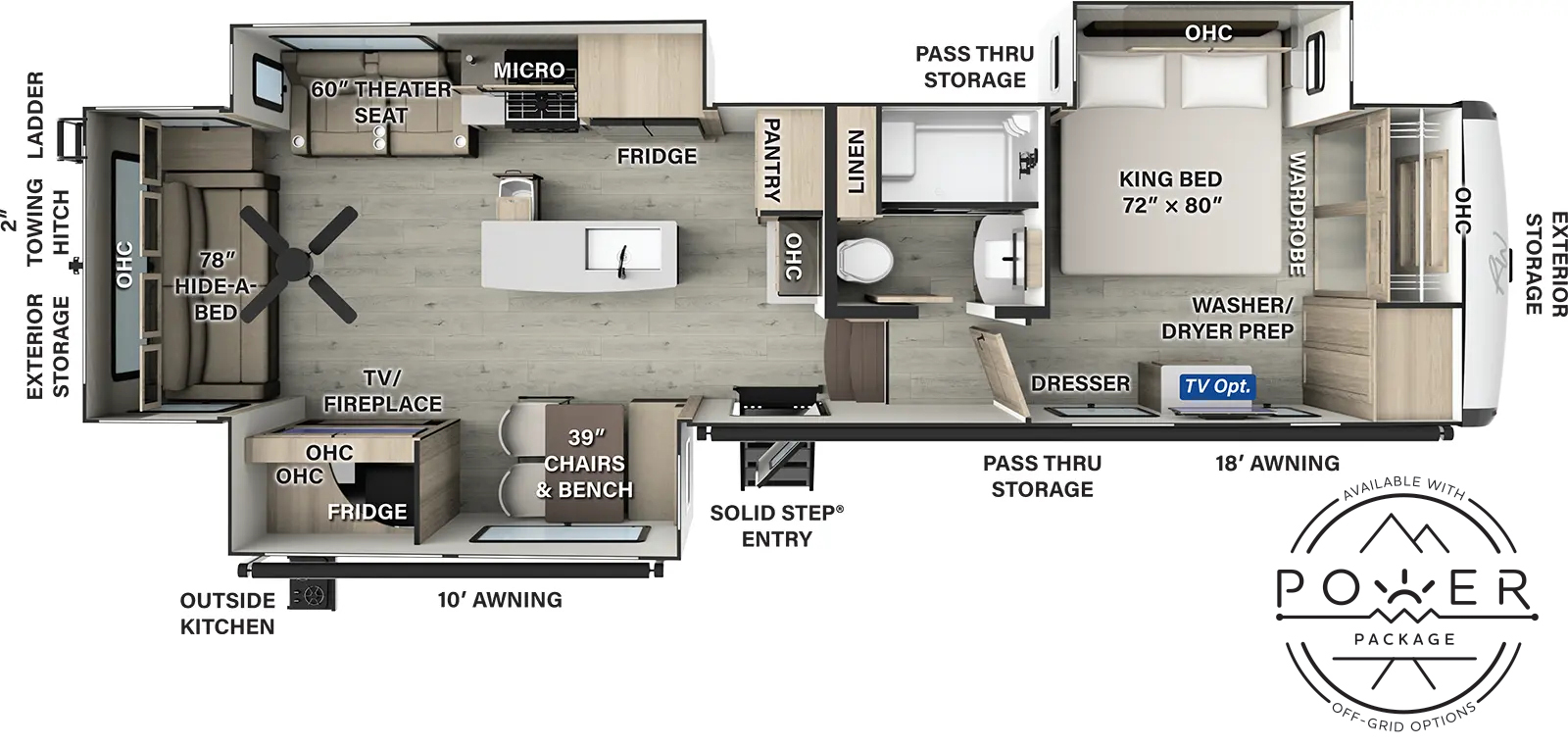 The Rockwood Signature Fifth Wheels R372RL floorplan has one entry and three slide outs. Exterior features include: fiberglass exterior, 10' & 18' awning and outside kitchen. Interiors features include: kitchen island, front bedroom and rear living.